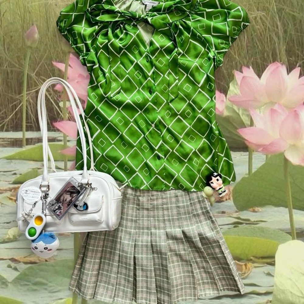 Green Geometric Satin Blouse